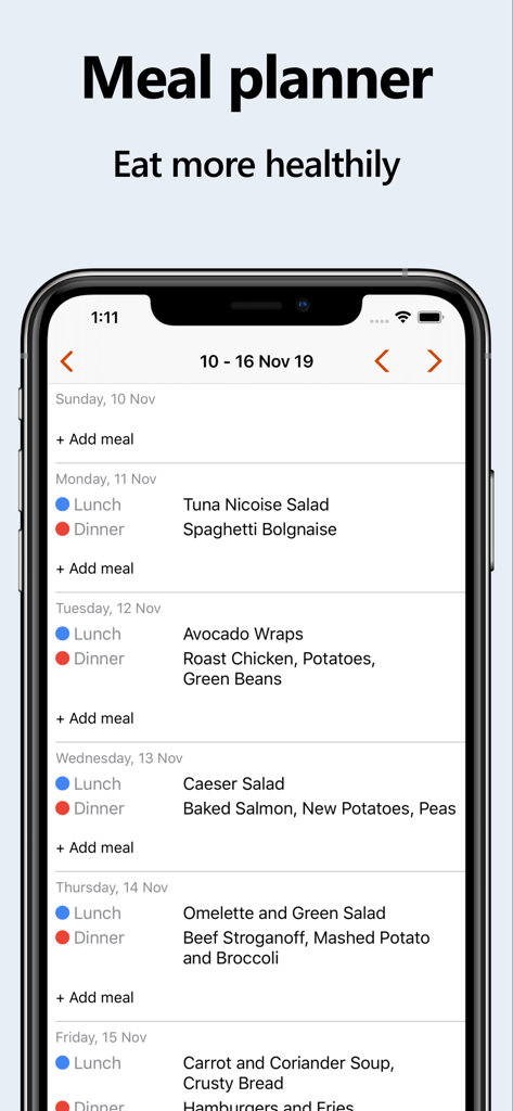 Recipe Keeper - Weekly meal planner screen in the Recipe Keeper app showing lunch and dinner schedules on an iPhone.