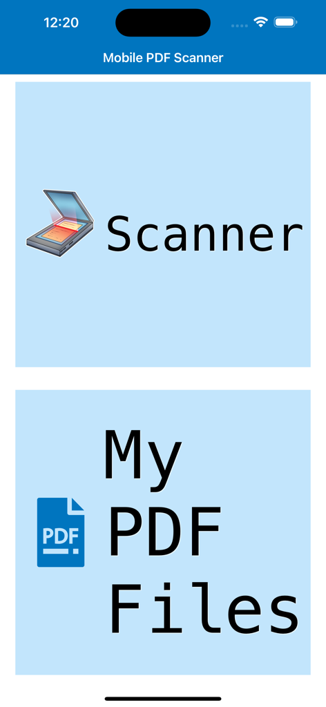 Mobile PDF Scanner – Scan Docs - Tela inicial do aplicativo Scanner PDF Móvel mostrando opções para Scanner e Meus Arquivos PDF