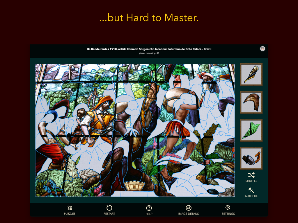 A challenging stained glass window puzzle being assembled in the Window Puzzles app.