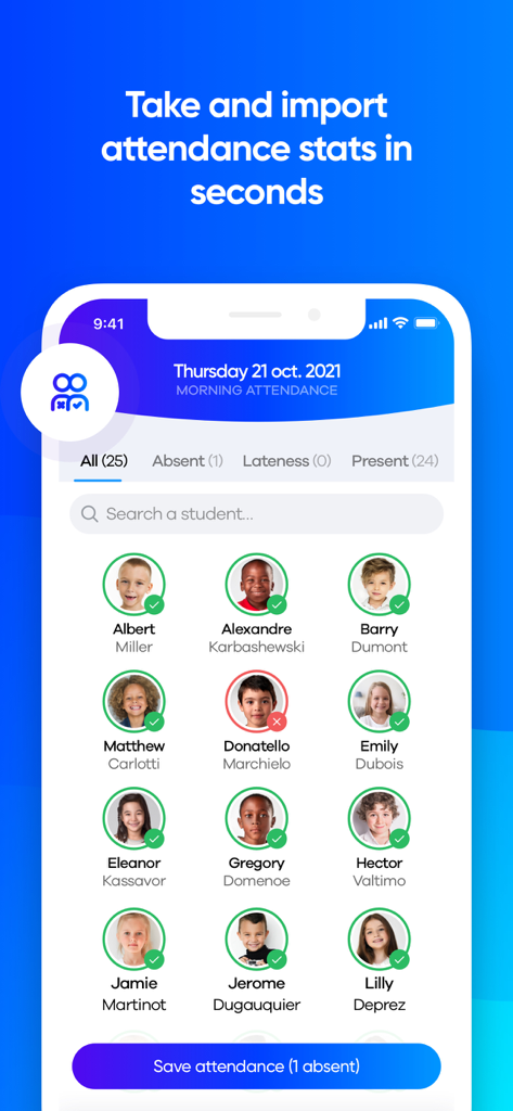 Klassly - Teacher interface in the Klassly app for tracking student attendance with photos and status icons.