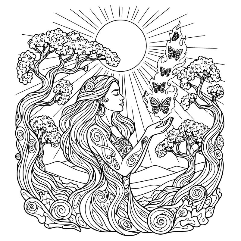 a woman releasing glowing butterflies from her hands under a moonlit sky, detailed line art, symbolic healing. trees, hills, other detail