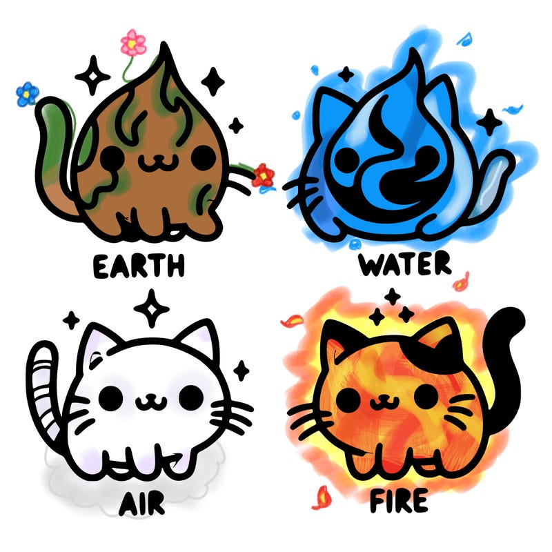 4 cats that represent the different elements, earth, water, air, and fire