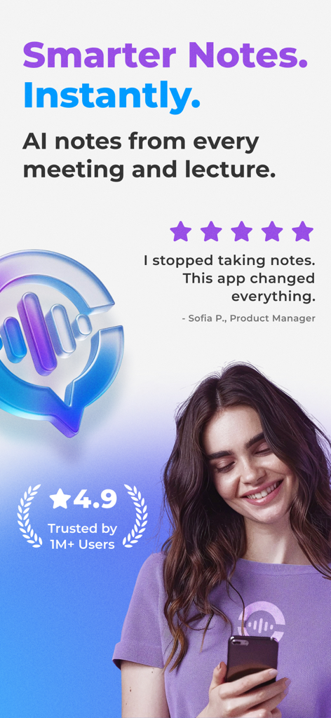 Noteum: AI Meeting Note Taker - Noteum AI meeting note taker app promotional screen with a five star user review and rating