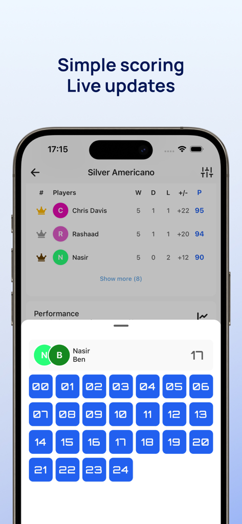 PadelFast - Americano Padel - A smartphone screen displaying a padel tournament leaderboard and a live scoring entry interface