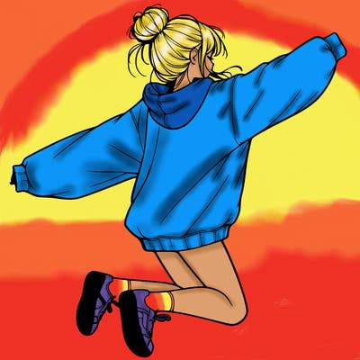 realistic girl jumping with a bun and oversized sweatshirt