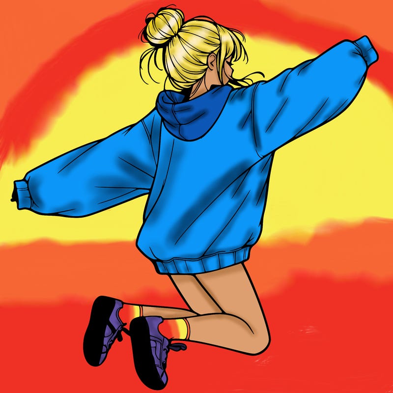 realistic girl jumping with a bun and oversized sweatshirt