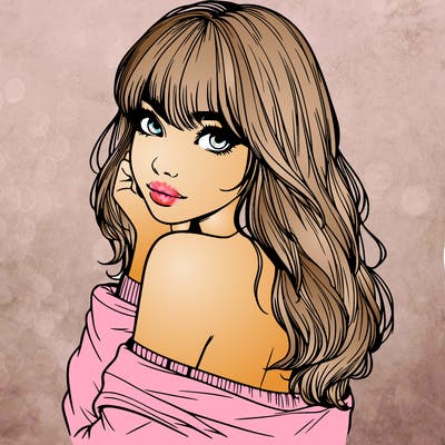 realistic girl with bangs looking over her shoulder