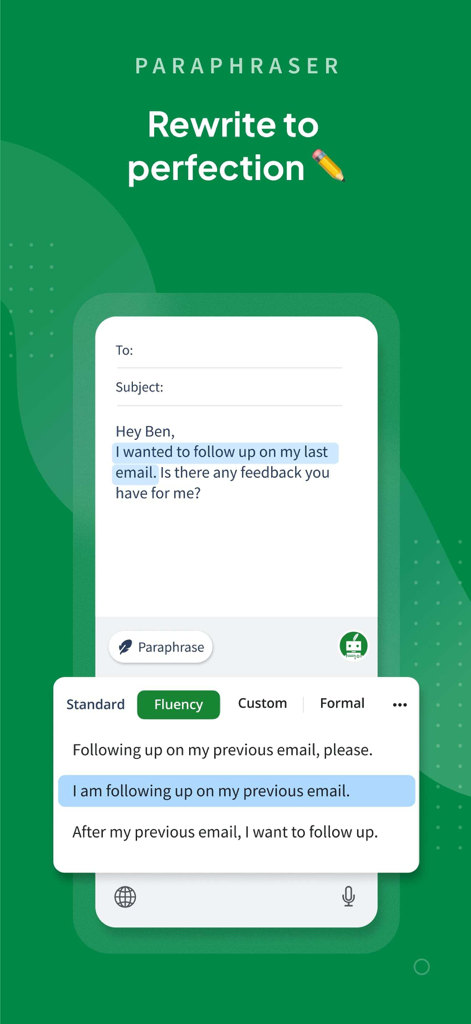 QuillBot: AI Writing, Keyboard - QuillBot mobile app interface showing the AI paraphraser tool rewriting an email for better fluency