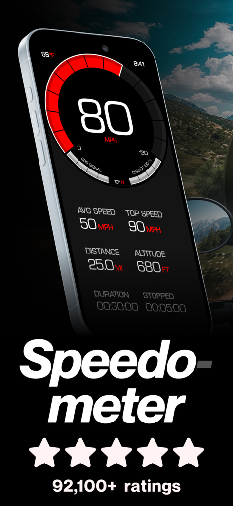 GPS Speedometer MPH Tracker - Interfaz de la aplicación GPS Speedometer mostrando velocidad, distancia y datos del viaje en la pantalla de un smartphone
