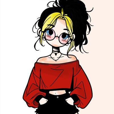 girl with a messy ponytail glasses a baggy crop top and jean shorts