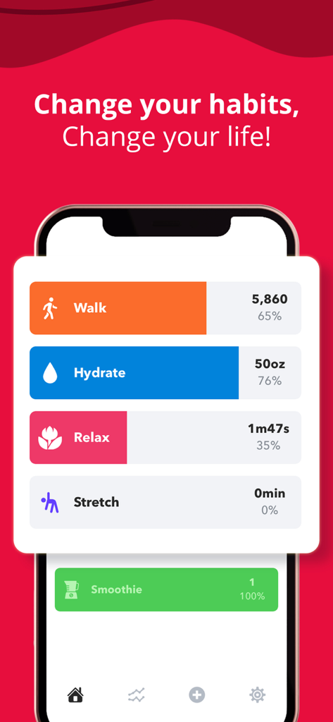 HabitMinder • Habit Tracker - HabitMinder app interface on an iPhone displaying daily habit progress for walking, hydration, relaxation, and stretching.