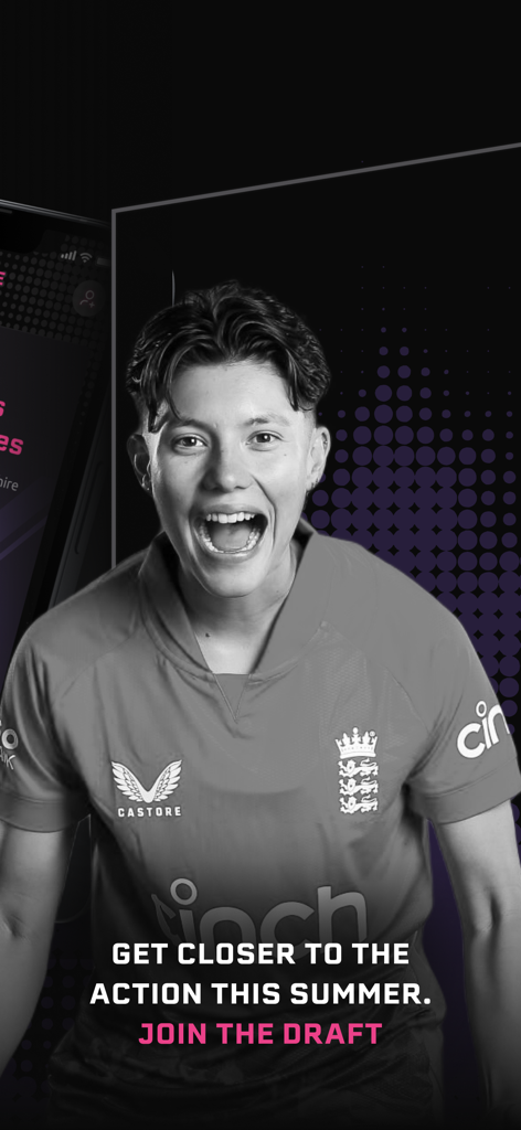 The Cricket Draft - Un joueur de cricket acclamant sur un écran promotionnel pour l'application de sports fantasy The Cricket Draft.