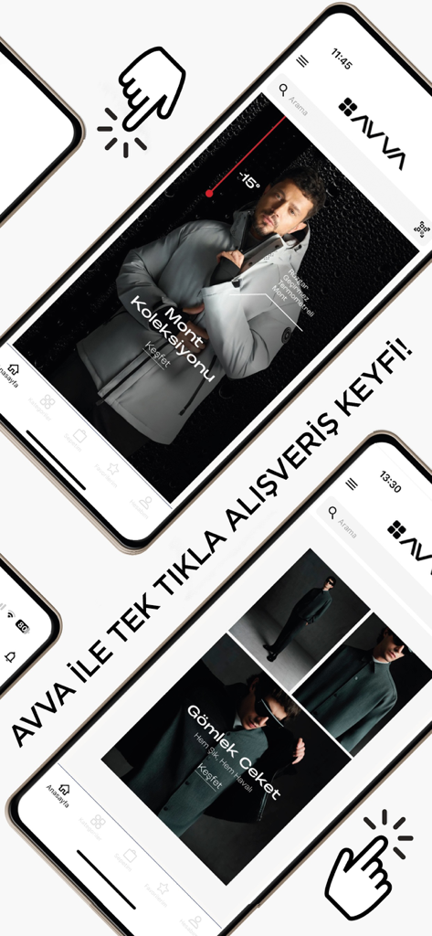 AVVA | Online Alışveriş - Mobile phone screens showing the AVVA app with mens clothing collections and a one click shopping feature