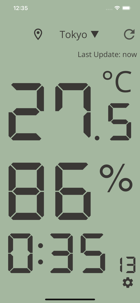 The Thermometer -Digital- - Digital thermometer app showing temperature humidity and time in Tokyo