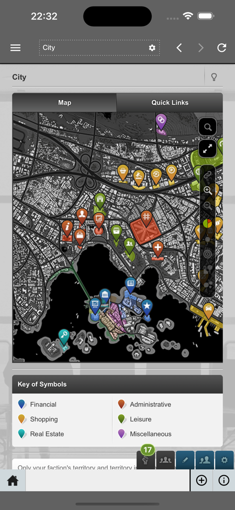 Interfaz de mapa interactivo de la ciudad en la aplicación móvil Torn City que muestra varios pines de ubicación y una leyenda de símbolos