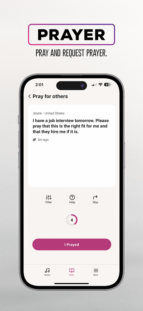 Air1 - Air1 mobile app interface showing a prayer request from the community and an I Prayed button