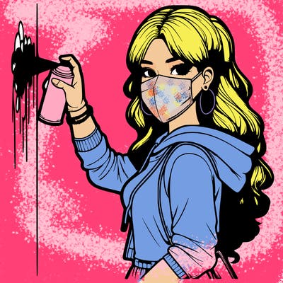 realistic girl with mask spray painting a wall