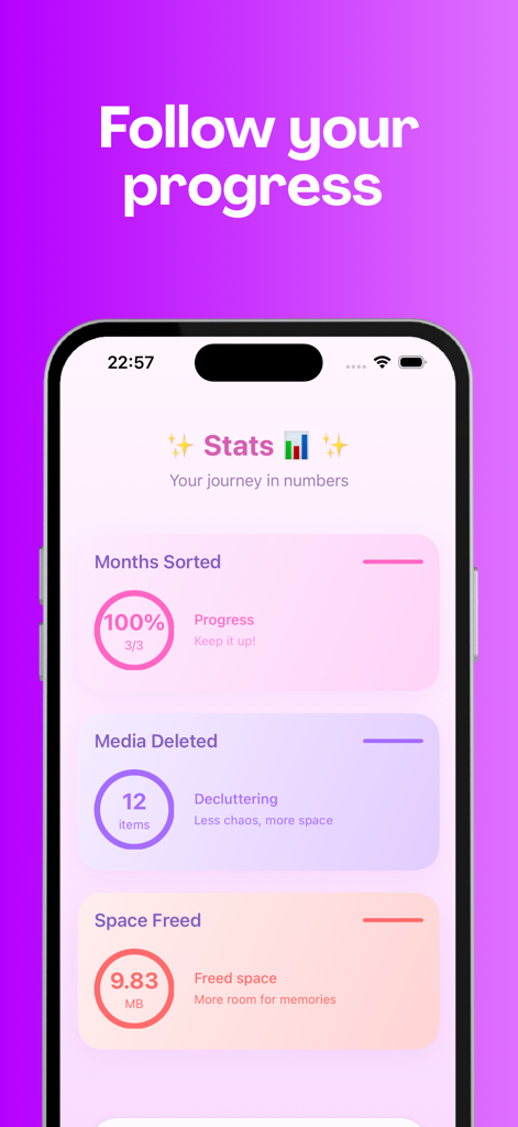 GlidePic app statistics screen showing photos sorted and storage space freed