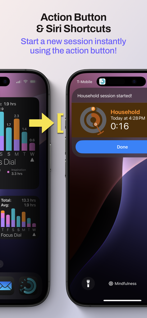 Focus Dial - Focus Dial app showing iPhone Action Button and Siri Shortcuts integration for quick session starting.