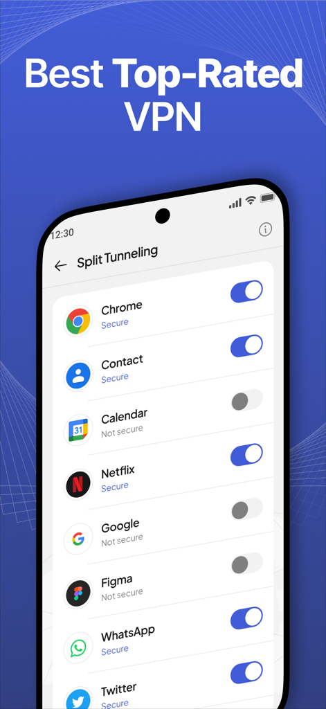 Free VPN Proxy - Unlimited - Interface of the Free VPN Proxy app showing split tunneling settings for various mobile applications.