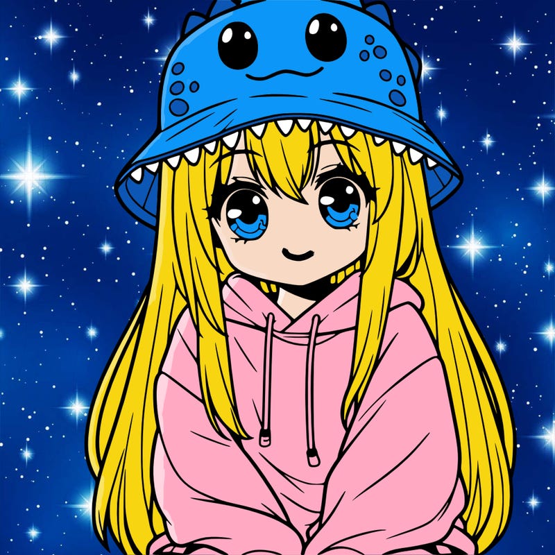 girl with anime shaped eyes with a dinosaur bucket hat oversized sweatshirt long straight hair