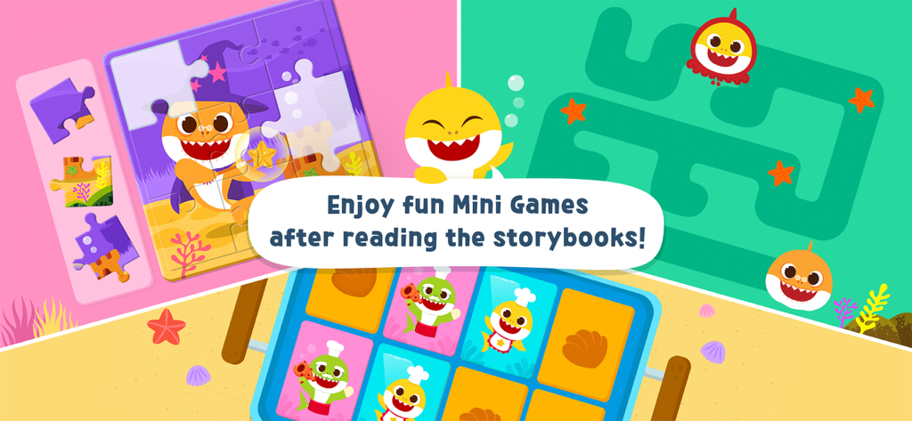 Pinkfong Baby Shark Storybook - Collection of educational mini games including a puzzle, maze, and matching game featuring Baby Shark characters