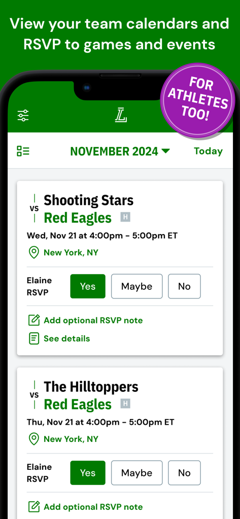 LeagueApps Play App, die den Teamspielplan und Zu-/Absage-Optionen für bevorstehende Sportspiele anzeigt