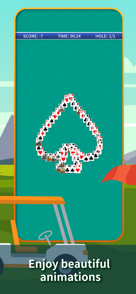 Golf Solitaire Classic gameplay with cards arranged in a spade shape