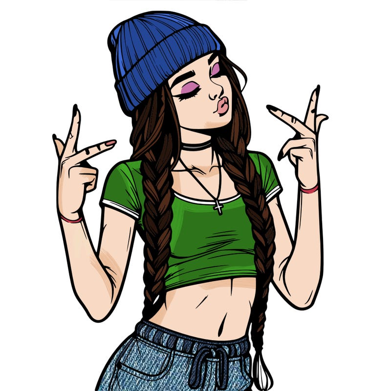 realistic teenage girl with braids and a beanie and crop top doing 🫶🏼