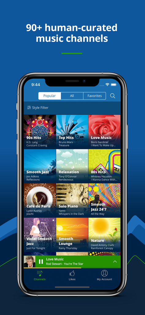 Radio Tunes - great music 24/7 - Radio Tunes mobile app interface displaying a variety of human-curated music channels like Smooth Jazz, 80s Hits, and Relaxation.