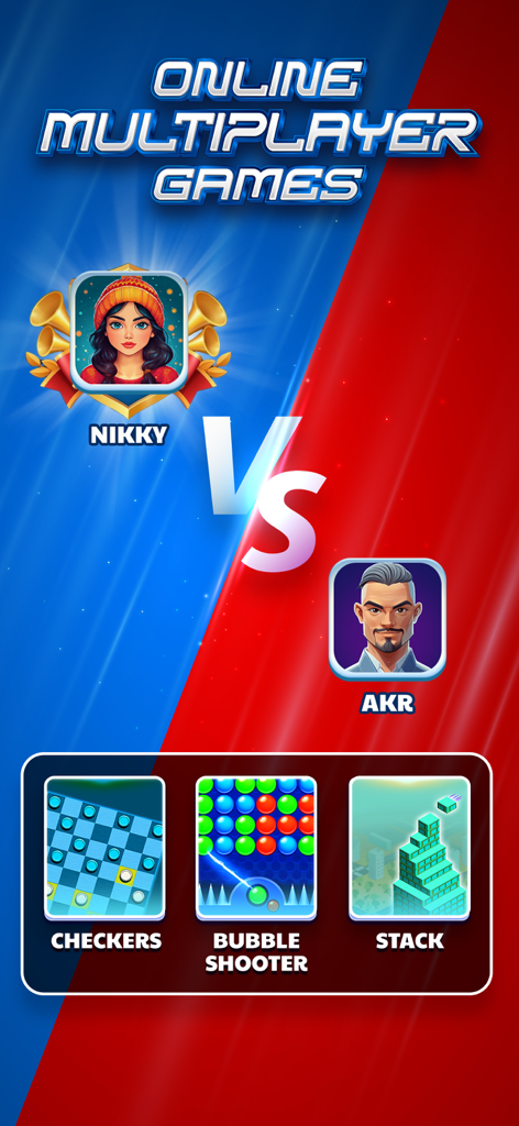 Addictive Games™ - Online multiplayer screen showing a head to head match between players for games like Checkers Bubble Shooter and Stack