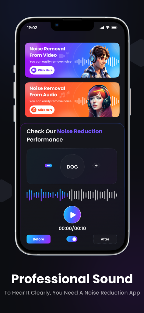 AI Background Noise Remover app interface for video and audio cleaning