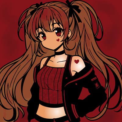 anime girl with low ponytail wearing a crop top and a leather jacket