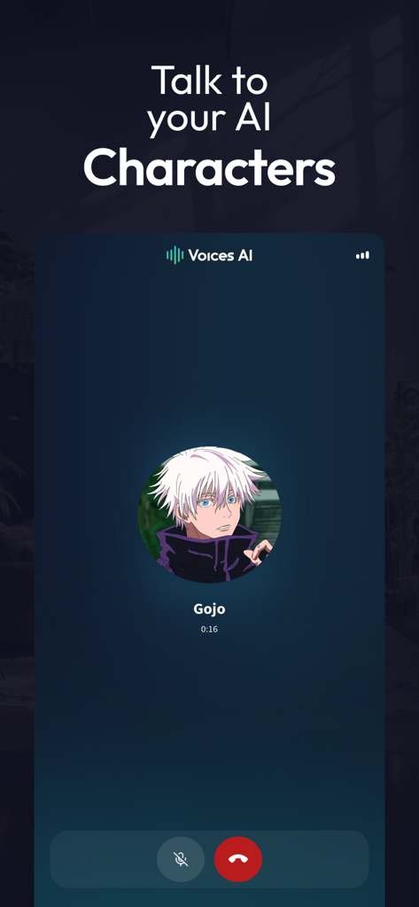 Voices AI app interface showing a phone call with an AI anime character named Gojo