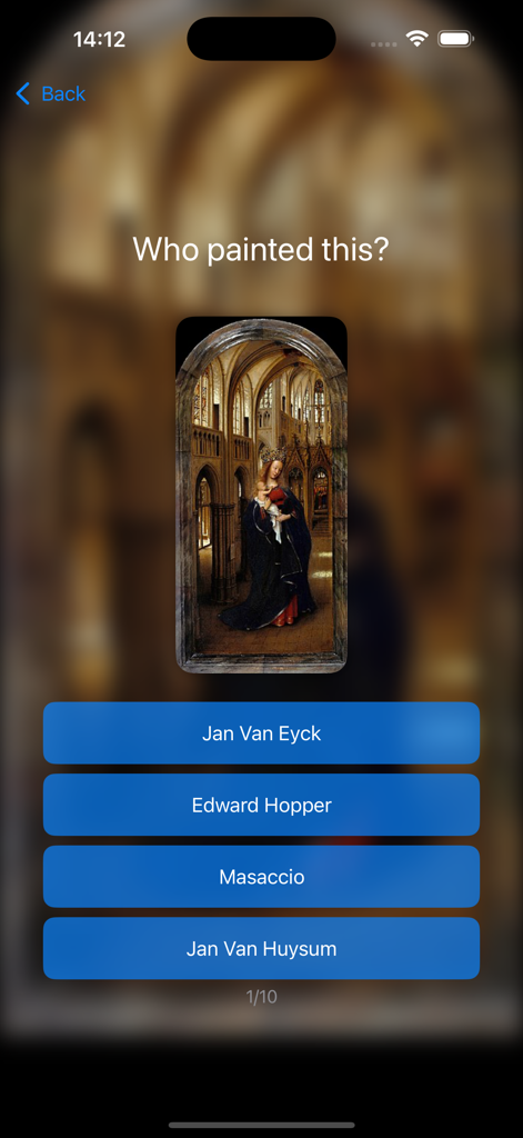 Fun Verse - A screen from the Fun Verse app showing a Painter trivia game asking Who painted this with multiple choice options for an art piece.
