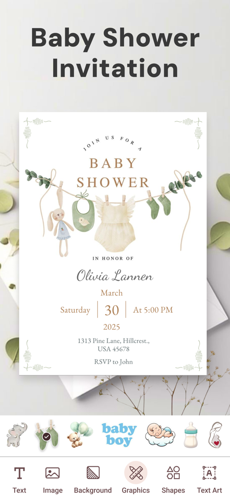 Mobile app screen showing a customizable baby shower invitation template with design tools and baby-themed graphics