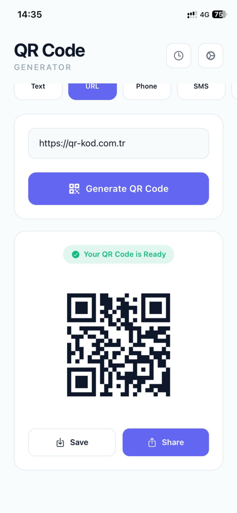 Screenshot of the QR Code Maker TR app showing the interface for generating a QR code from a URL.