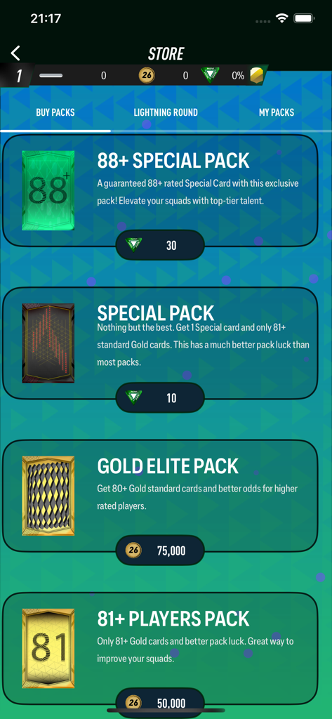 PACFUT 26 - PACFUT 26 app store screen displaying various player card packs including Special and Gold Elite packs.