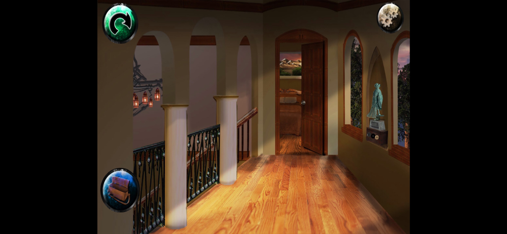 Davey's Mystery 2 - First-person view of a mansion hallway with an open door and a statue in the puzzle game Davey's Mystery 2