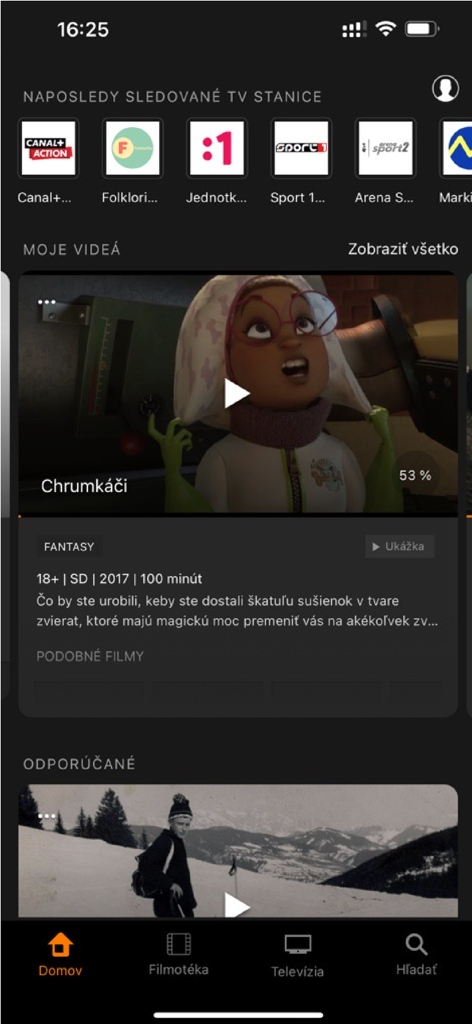 Orange TV - Schermata principale dell'app Orange TV che mostra canali TV slovacchi e una selezione di film.