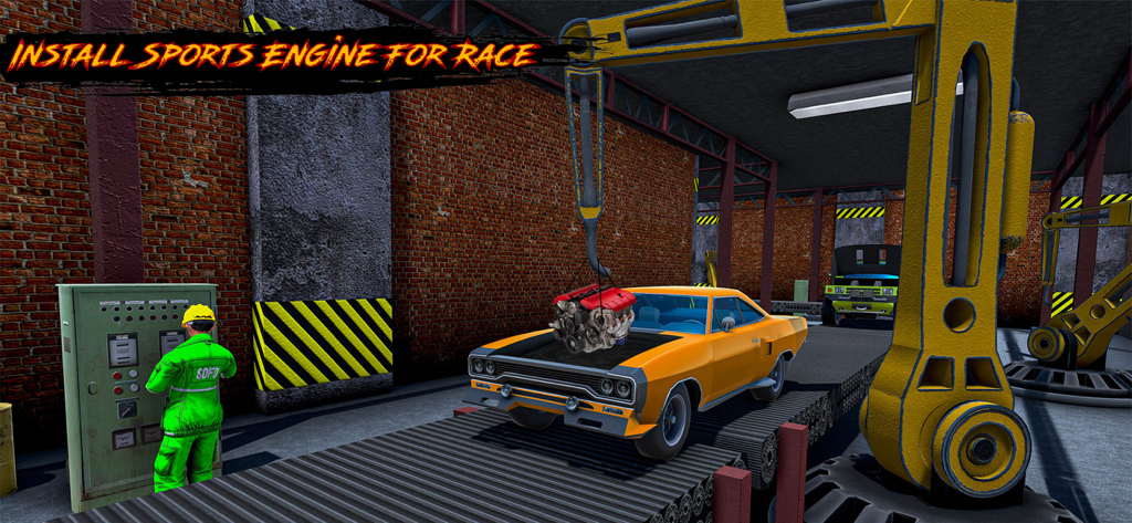 Car Maker Factory Mechanic - A mechanical arm installing a sports engine into an orange car on a factory assembly line