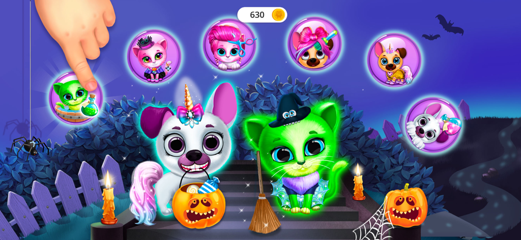Kiki & Fifi Halloween Makeover - Puppy and kitty dressed in Halloween costumes with interactive game icons