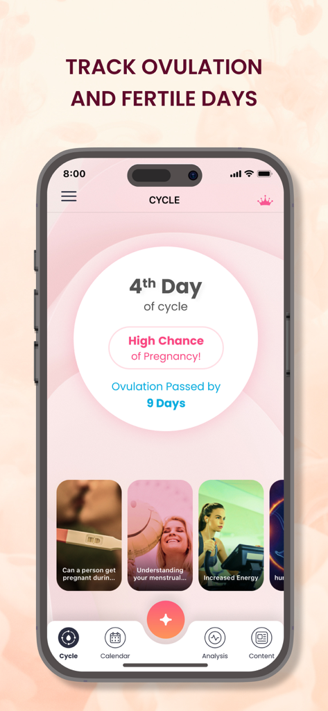 Ovulation & Fertility Tracker - Interface do aplicativo Rastreador de Ovulação e Fertilidade mostrando o dia do ciclo e a chance de gravidez