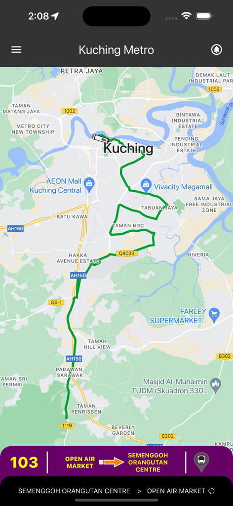 Mapa de rastreo de autobuses y ruta en tiempo real para la Ruta 103 en la aplicación Kuching Metro 2.0