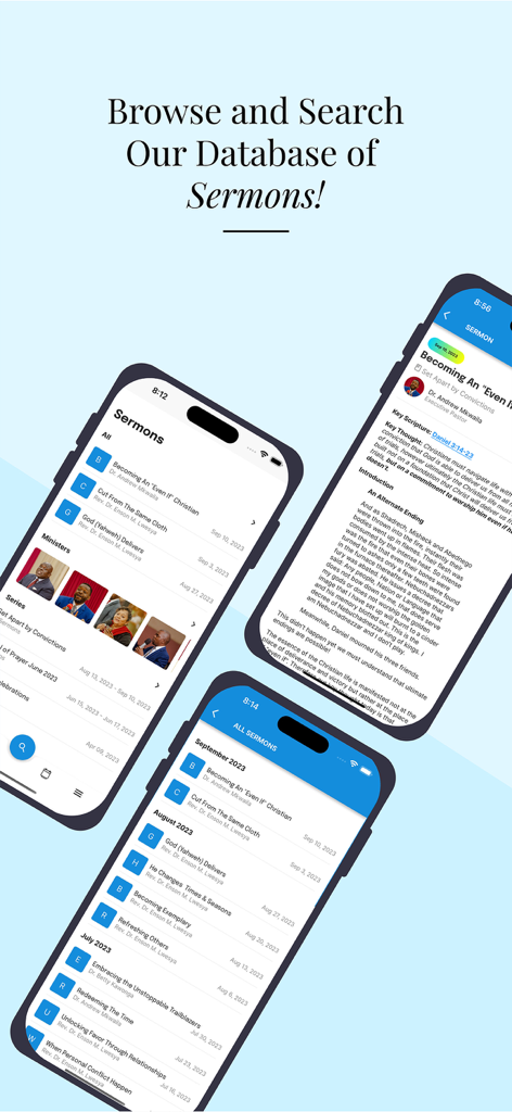 ICA APP: Online Church Portal - Interface screenshots of the ICA App showing a searchable database of sermons organized by date and minister