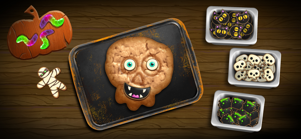 Halloween themed cookie baking game for kids featuring a skull cookie and spooky decorations