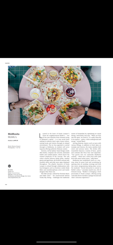 Supper Magazine - A page from Supper Magazine showing an article about MoMosita restaurant design and cuisine in Kuala Lumpur
