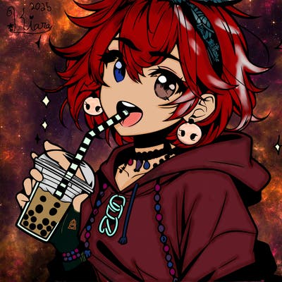 hot baddie anime girl drinking boba and biting the straw