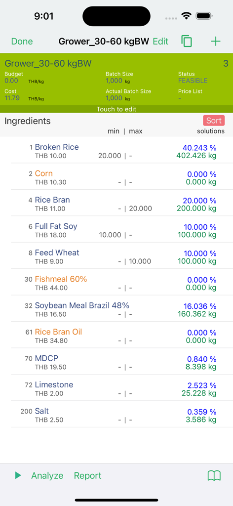 Feed Pro - Feed Pro app screenshot showing a list of feed ingredients and their proportions for livestock formulation