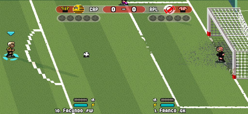 Retro pixel art soccer game showing a penalty shootout scene